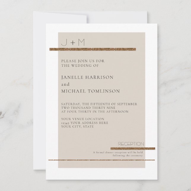 Invitación Boda moderno minimalista Beige Tan Gold Deco (Anverso)
