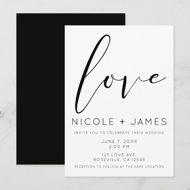 Invitación Boda moderno mínimo de amor negro y blanco (Anverso / Reverso)