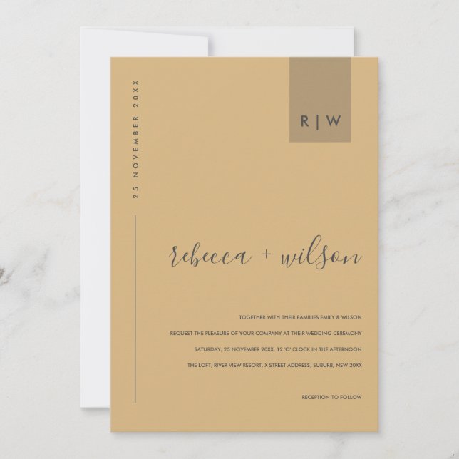 INVITACIÓN BODA MODERNO MÍNIMO DE TIPOGRAFÍA AMARILLA OCRE (Anverso)