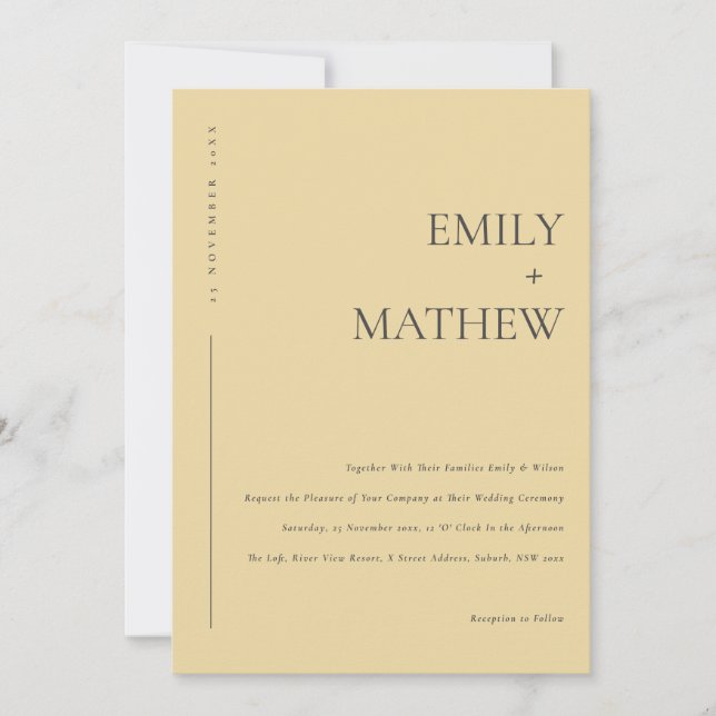 INVITACIÓN BODA MODERNO MÍNIMO DE TIPOGRAFÍA AMARILLA OCRE (Anverso)