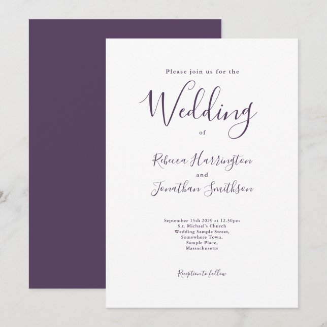 Invitación Boda moderno minimo morado blanco (Anverso / Reverso)