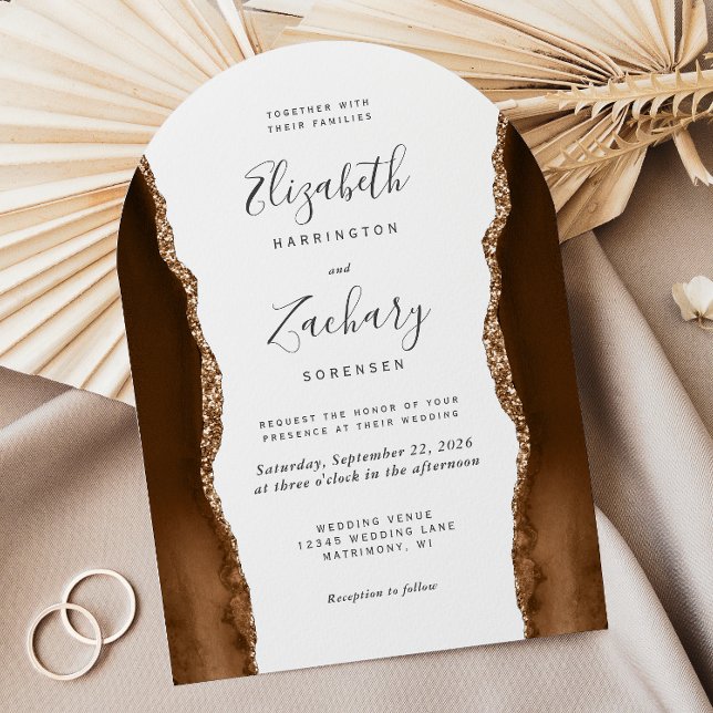 Invitación Boda moderno Mocha Brown Gold Agate Arch Shape (Subido por el creador)