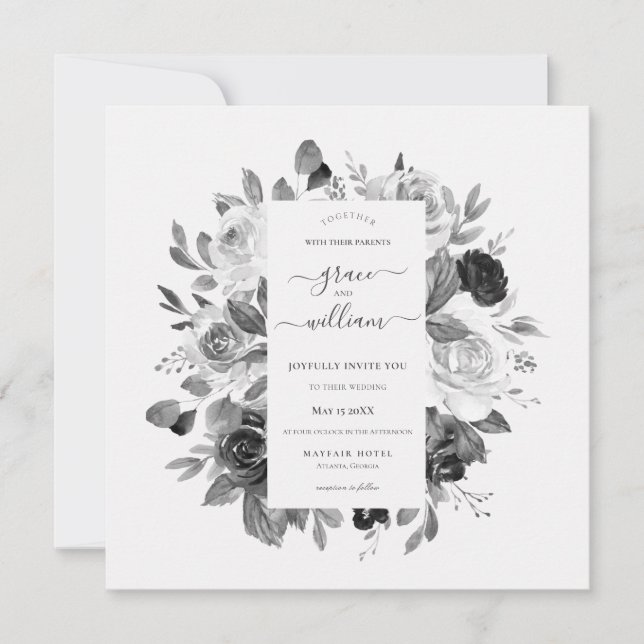 Invitación Boda moderno monocromo blanco floral cuadrado (Anverso)