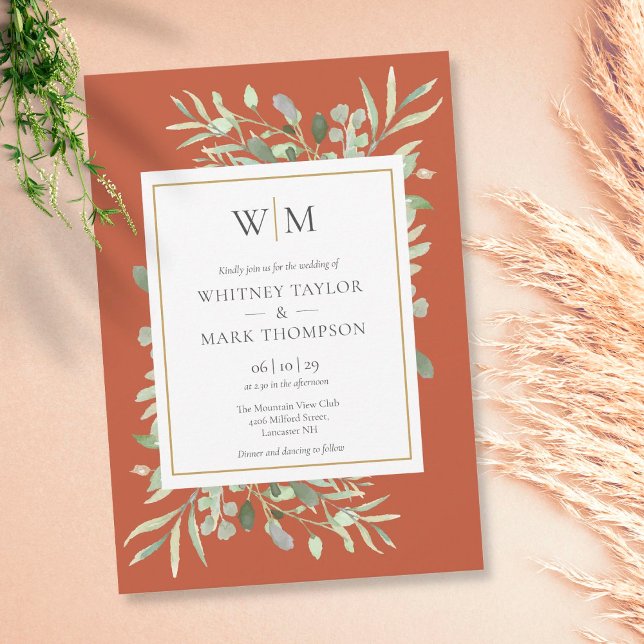 Invitación Boda moderno Monograma Terracotta Greenery (Subido por el creador)