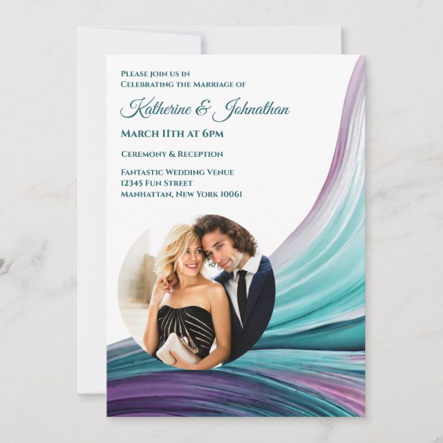 Invitación Boda moderno-morado y foto Verde azulada- (Anverso)