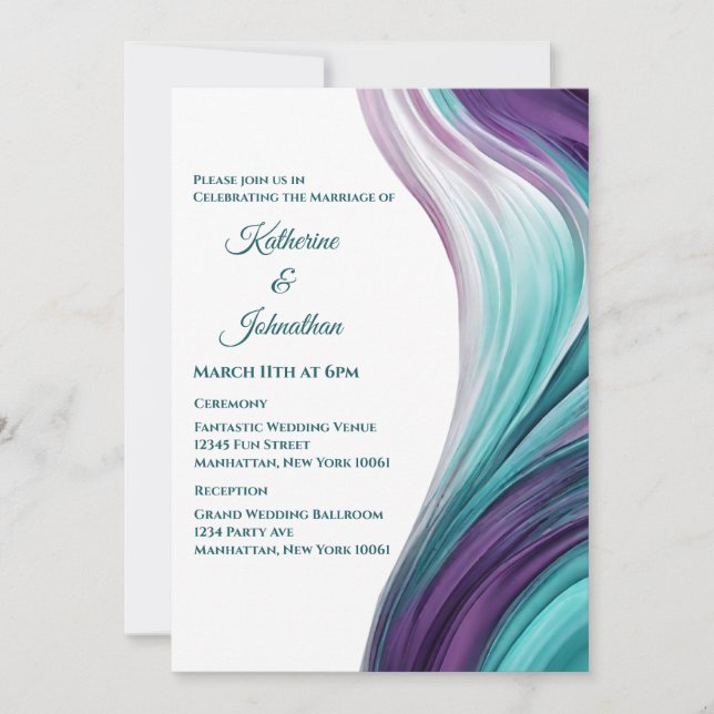 Invitación Boda moderno-morado y Verde azulado (Anverso)