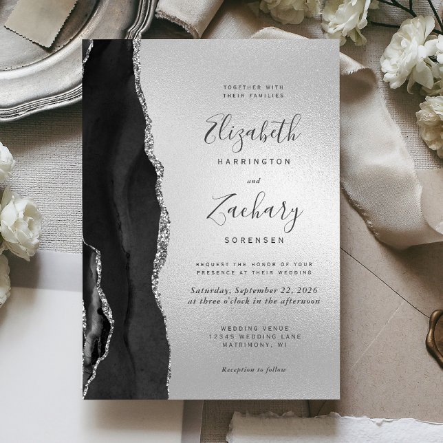 Invitación Boda moderno negro agate plateado (Subido por el creador)