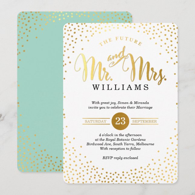 Invitación BODA MODERNO  oro confetti menta negro (Anverso / Reverso)