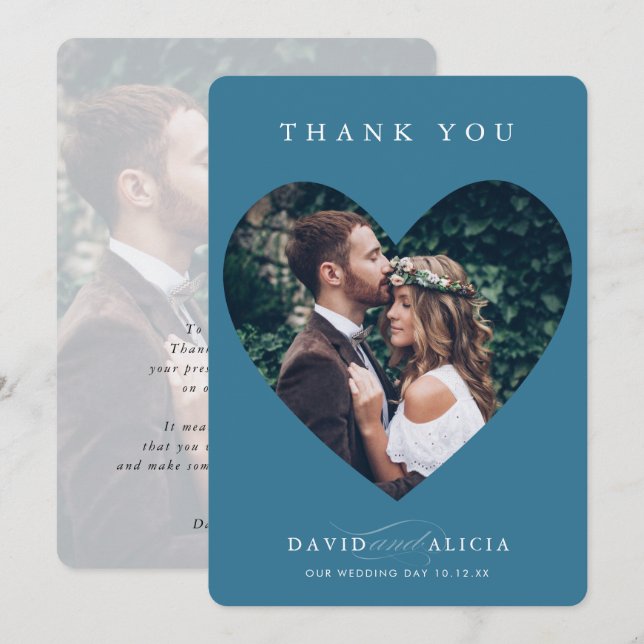 Invitación BODA MODERNO pareja foto marco corazón denim azul (Anverso / Reverso)