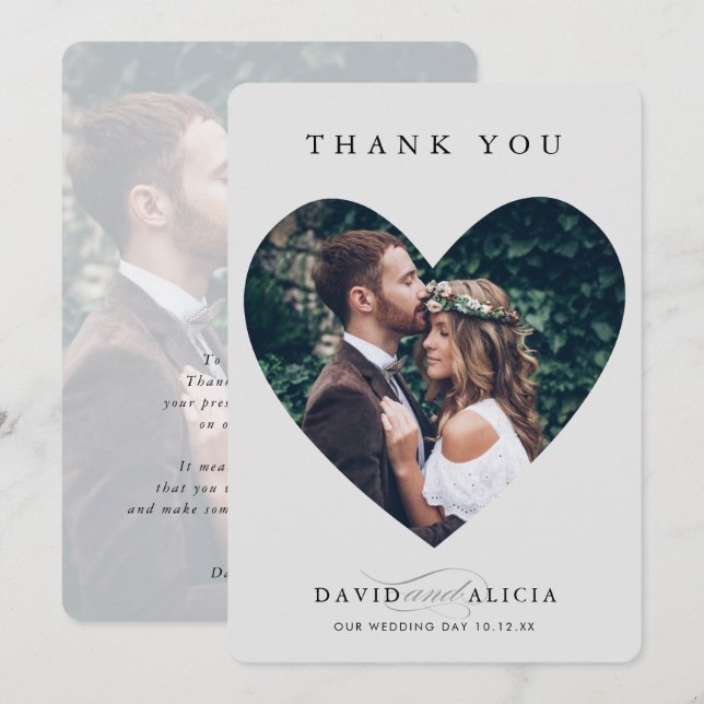 Invitación BODA MODERNO pareja foto marco corazón gris pálido (Anverso / Reverso)