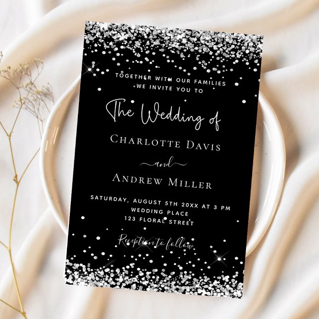 Invitación Boda moderno purpurina de plata negra (Subido por el creador)