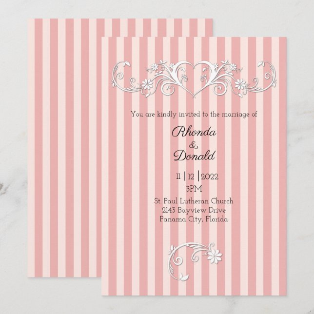 Invitación Boda moderno rayado rosado y Rubor (Anverso / Reverso)