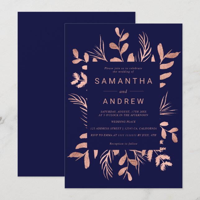 Invitación Boda moderno rosa de oro de hoja botánica azul mar (Anverso / Reverso)