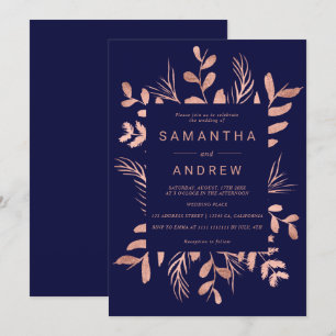Invitación Boda moderno rosa de oro de hoja botánica azul mar