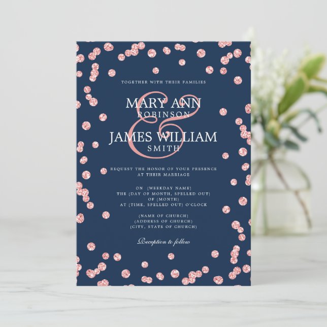 Invitación Boda moderno Rosa Purpurina de oro Armada Confetti (Anverso de pie)