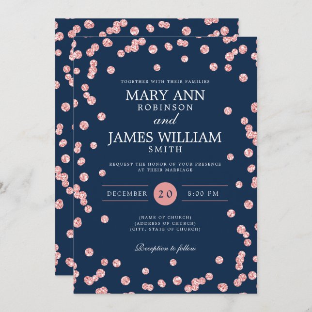 Invitación Boda moderno Rosa Purpurina de oro Armada Confetti (Anverso / Reverso)