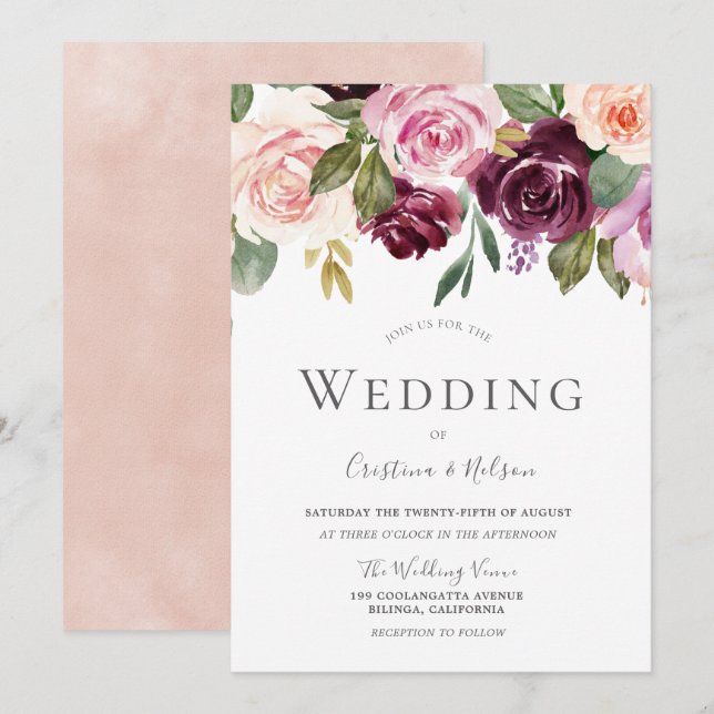 Invitación Boda moderno Rubor de Borgoña Tropical (Anverso / Reverso)