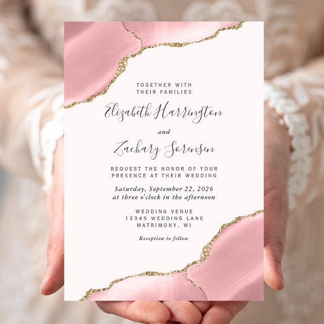 Invitación Boda moderno Rubor Pink Gold Agate Corners (Subido por el creador)