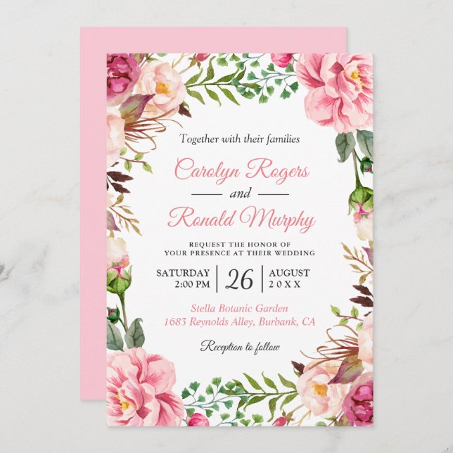 Invitación Boda moderno Rubor rosado de flor bucal (Anverso / Reverso)