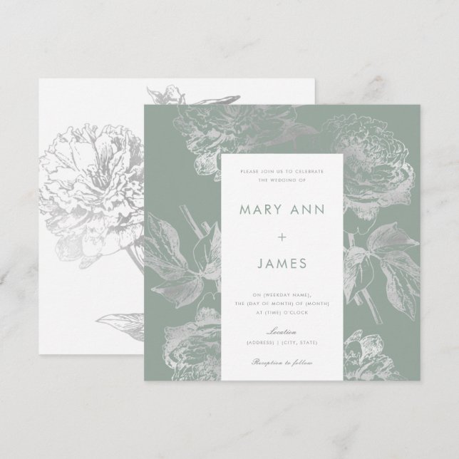 Invitación Boda moderno Sage Sage Floral simple plateado (Anverso / Reverso)