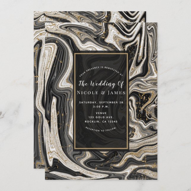 Invitación Boda moderno Swirl Black White & Gold Moda (Anverso / Reverso)
