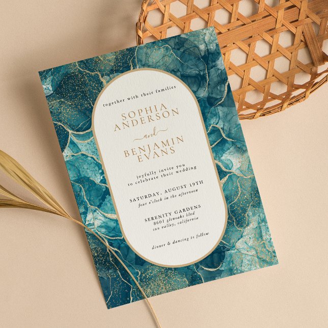 Invitación Boda moderno turquesa de oro agate (Subido por el creador)