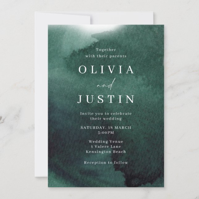 Invitación Boda moderno verde acuarela (Anverso)