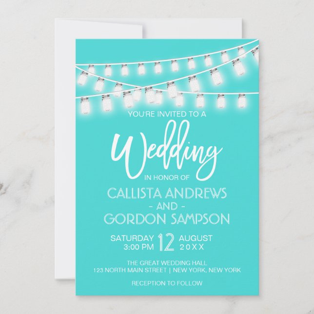 Invitación Boda moderno Verde azulado blanco Mason Jar String (Anverso)