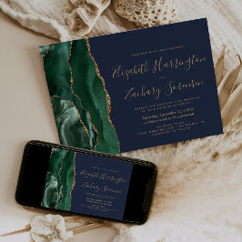 Invitación Boda Moderno Verde Esmeralda Oro Ágata Azul Marino