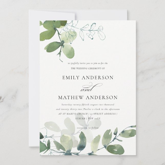 INVITACIÓN BODA MODERNO VERDE EUCALYPTUS FOLIAGE WATERCOLOR (Anverso)