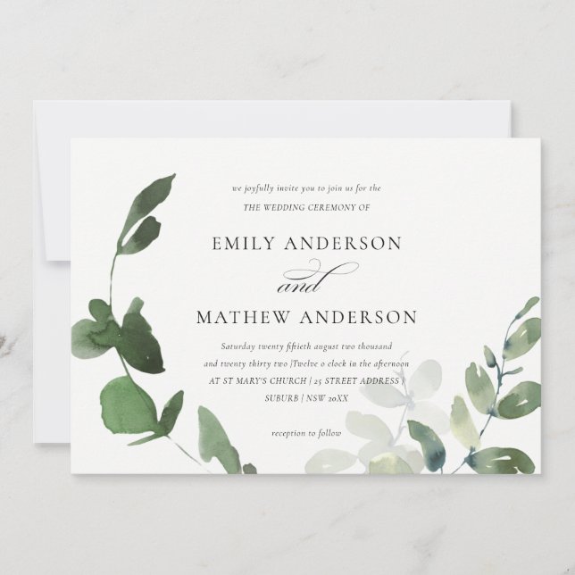 INVITACIÓN BODA MODERNO VERDE EUCALYPTUS FOLIAGE WATERCOLOR (Anverso)