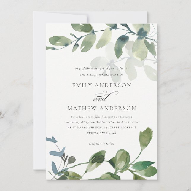 INVITACIÓN BODA MODERNO VERDE EUCALYPTUS FOLIAGE WATERCOLOR (Anverso)