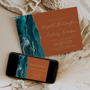 Invitación Boda Moderno Verde Teal Oro Ágata Naranja Quemada