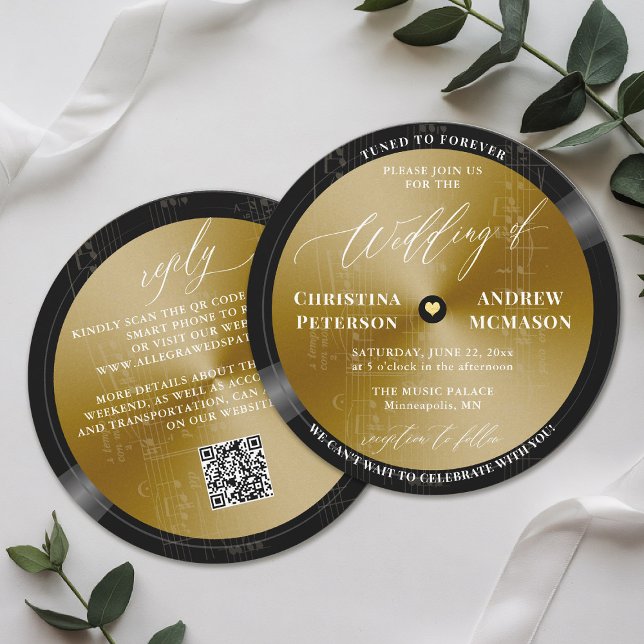 Invitación Boda Moderno Vintage Vinyl Gold White (musician wedding invitation gold vintage lp record music partition notes QR code RSVP all in one)