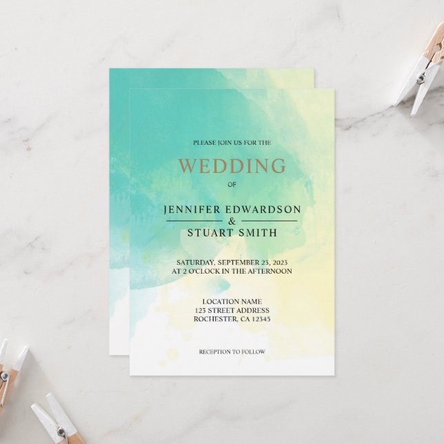 Invitación Boda moderno y elegante de color turquesa dorado (Anverso/Reverso In Situ)