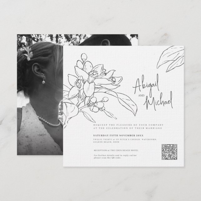 Invitación boda mono de foto cuadrado de boceto de flores de  (Anverso / Reverso)