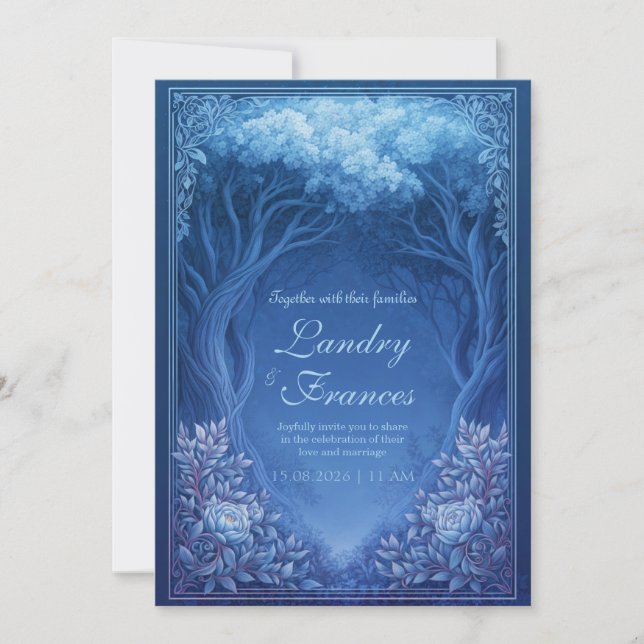 Invitación Boda Monocroma del Encantado Bosque Azul (Anverso)