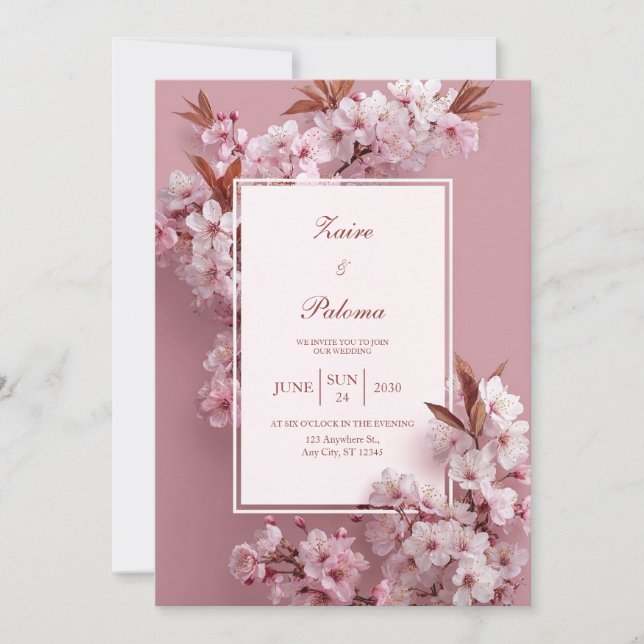 Invitación Boda Monocromática de Flor de Cerezo Rosa (Anverso)