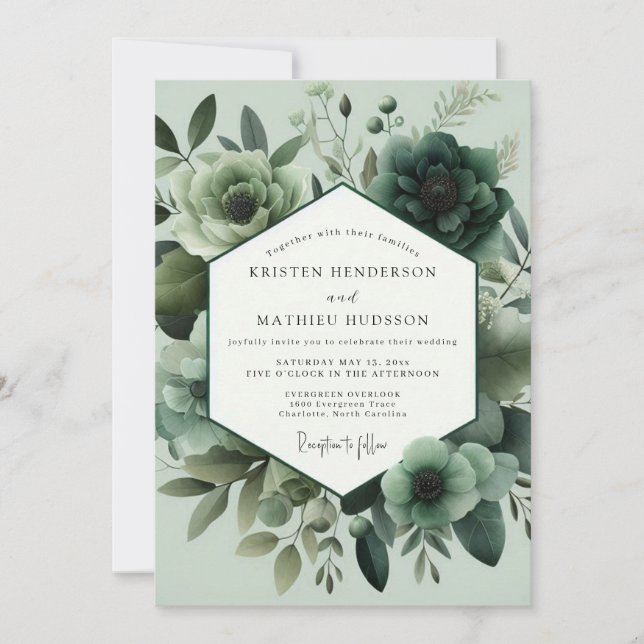 Invitación Boda Monocromática de Floración Verde Salvia (Anverso)