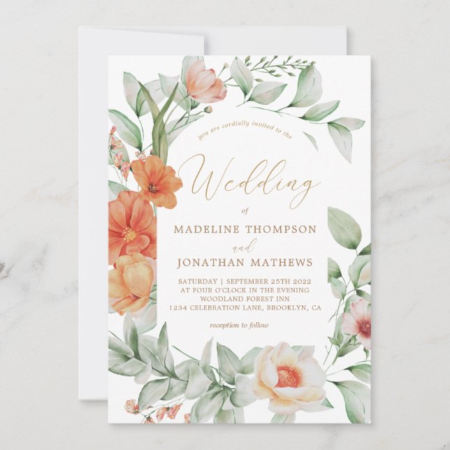 Invitación Boda Monocromático Boho Floral Champagne Gold (Anverso)