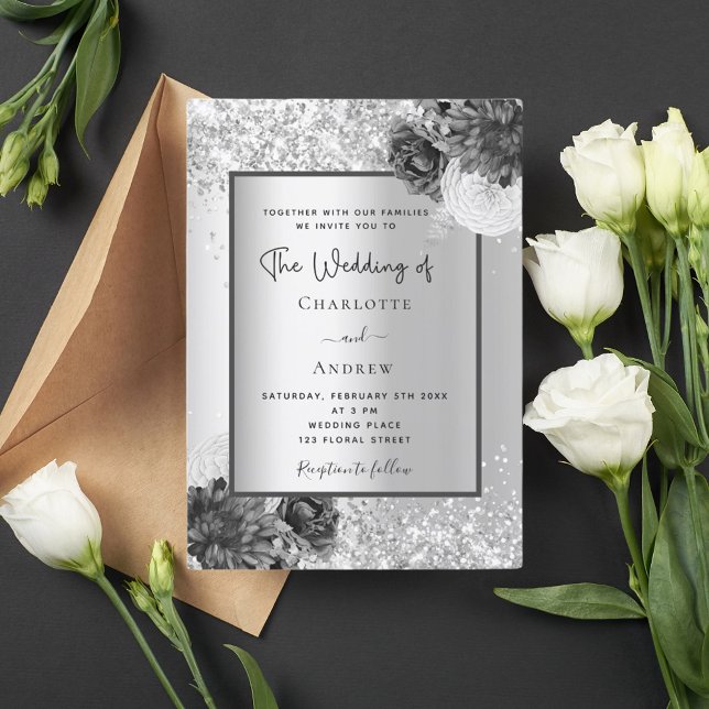 Invitación Boda monocromático plateado floral elegante (Subido por el creador)