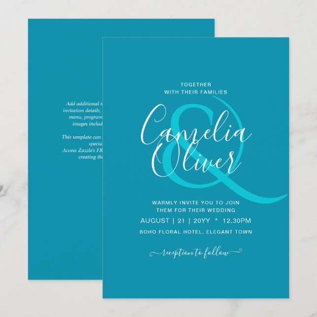 Invitación BODA monocromo azul de Bondi (Anverso / Reverso)