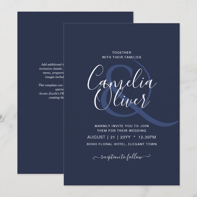 Invitación BODA monocromo azul de la Marina de Presupuestos (Anverso / Reverso)