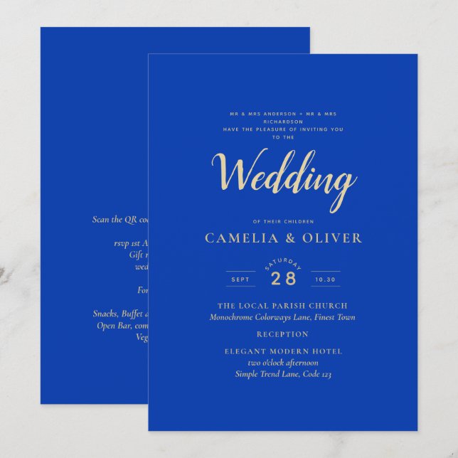Invitación Boda monocromo azul real moderno (Anverso / Reverso)