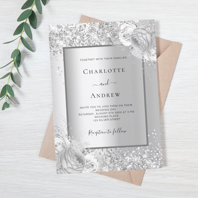 Invitación Boda monocromo de floros plateados (Subido por el creador)
