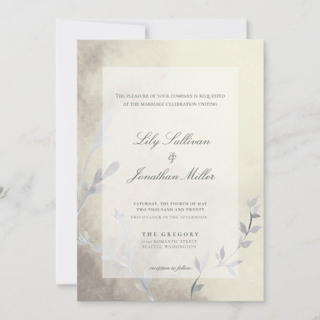 Invitación Boda monocromo de luz moderna y aire etéreo (Anverso)
