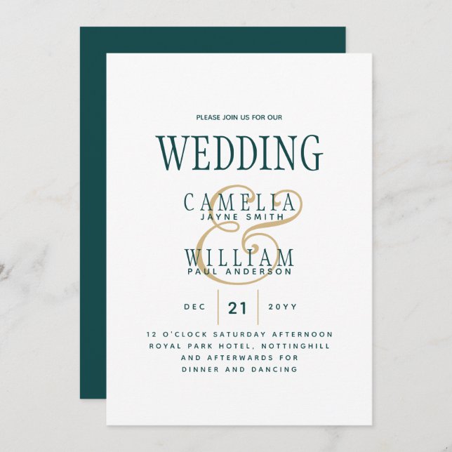 Invitación Boda Monocromo de oro verde VERDE AZULADO Peacock (Anverso / Reverso)