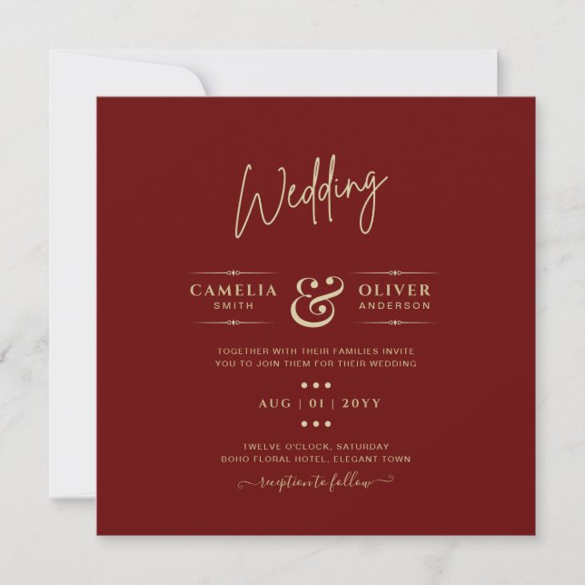 Invitación Boda monocromo moderno de Borgoña (Anverso)