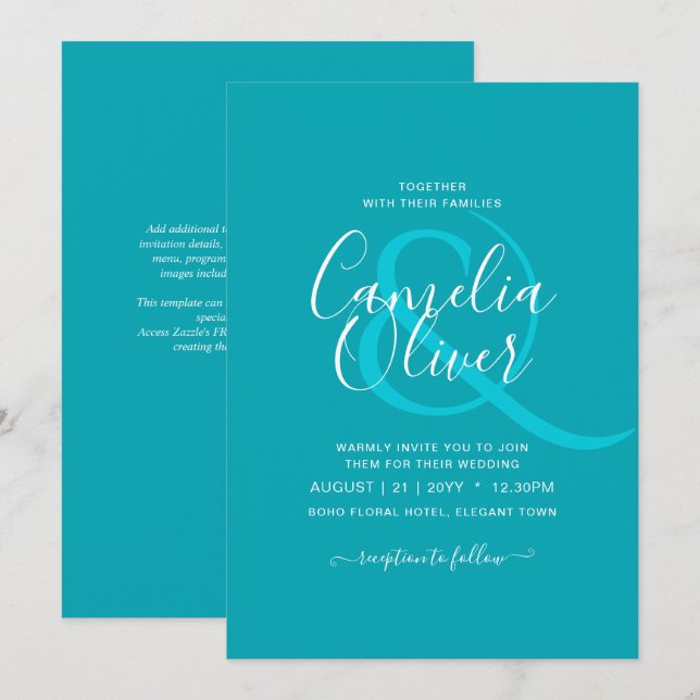 Invitación BODA monocromo Verde azulado azul de pavo real (Anverso / Reverso)