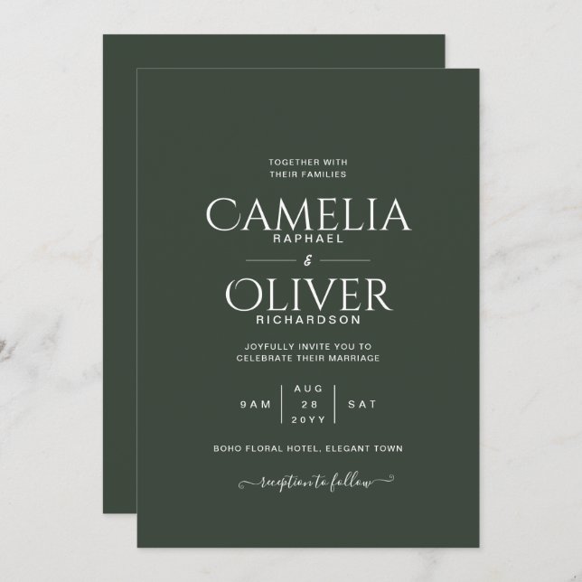 Invitación Boda monocromo verde moderno (Anverso / Reverso)